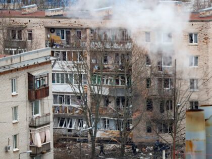 A view of a damaged apartment's building after a reported drone attack in St. Petersburg,