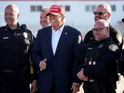 Republican presidential candidate former President Donald Trump greets law enforcement off