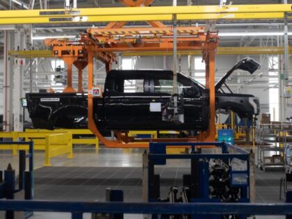 A Ford F-150 Lightning on a production line of the Ford Motor Co. Rouge Electric Vehicle C