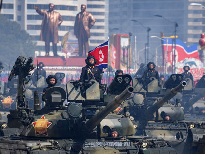 Korean People's Army (KPA) tanks take part in a military parade on Kim Il Sung square