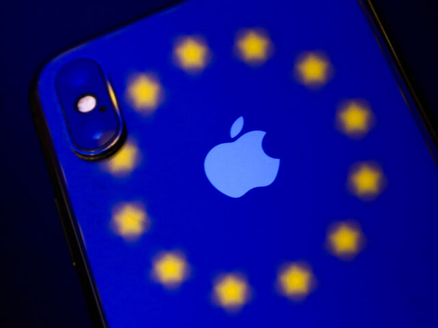 European Union flag reflected on Apple iPhone is seen in this illustration photo taken in