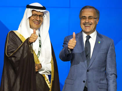 Prince Abdulaziz bin Salman, Saudi Arabia's energy minister, left, and Amin Nasser, c