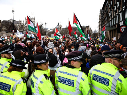 Metropolitan (MET) Police officers stand in front of Pro-Palestinian protesters during a d