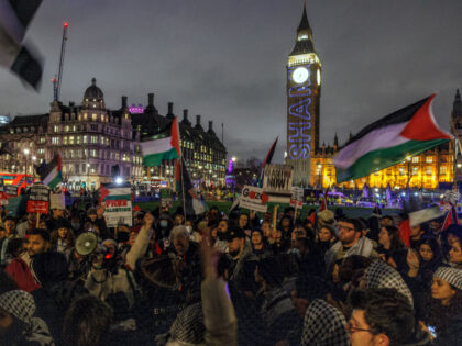 LONDON, ENGLAND - FEBRUARY 21: People hold placards and Palestinian flags during a rally c