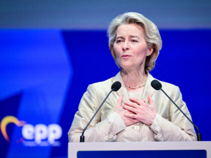 The President of the European Commission Ursula von der Leyen addresses the audience durin