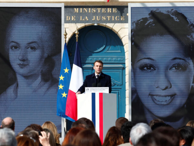 French President Emmanuel Macron delivers a speech during a ceremony to seal the right to