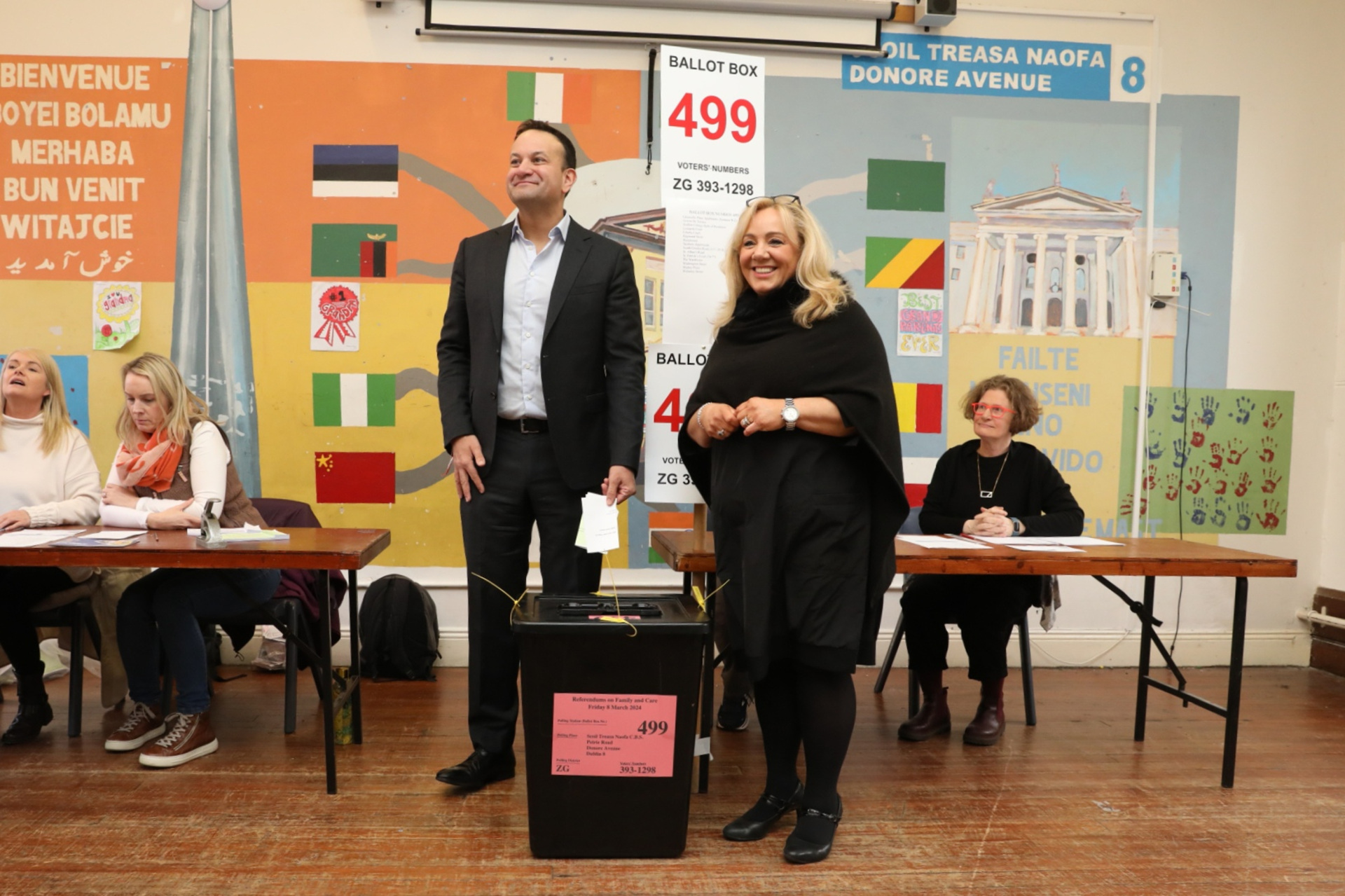 Taoiseach Leo Varadkar and Fine Gael senator Mary Seery Kearney, at the polling located in Scoil Treasa Naofa, on Donore Avenue, Dublin, as Ireland holds referenda on the proposed changes to the wording of the Constitution relating to the areas of family and care. The family amendment proposes extending the meaning of family beyond one defined by marriage and to include those based on 