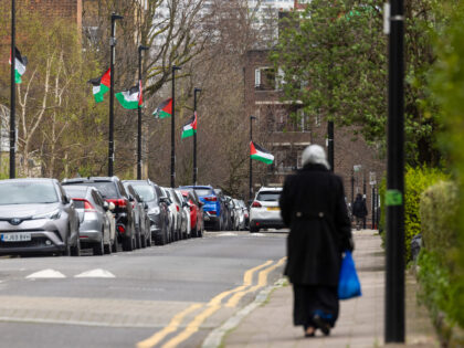 Palestinian flags on lampposts in the Tower Hamlets borough of London, UK, on Friday, Marc