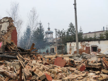 DRUZHBA, UKRAINE - MARCH 22: A store building lies destroyed by a Russian aerial bombing o