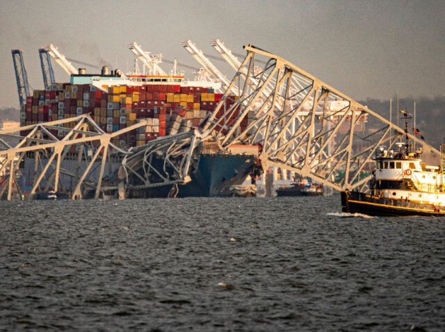 The Dali container vessel after striking the Francis Scott Key Bridge that collapsed into