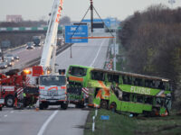 The bus is lifted on the A9 highway, at the scene of an accident where at least five peopl