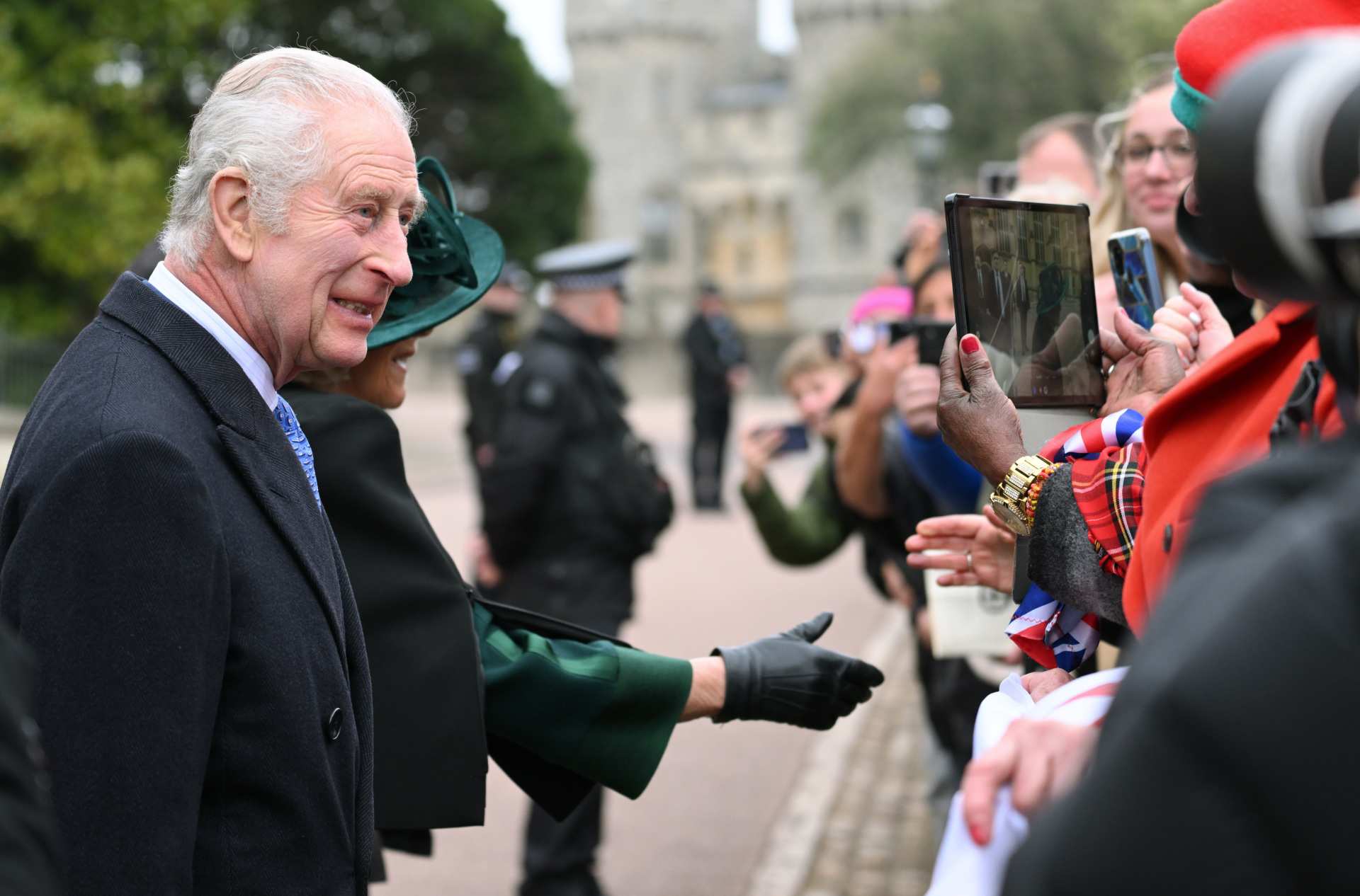 WINDSOR, ENGLAND - MARCH 31: King Charles III departs from the Easter Mattins Service at St George's Chapel, Windsor Castle on March 31, 2024 in Windsor, England. (Photo by Karwai Tang/WireImage)