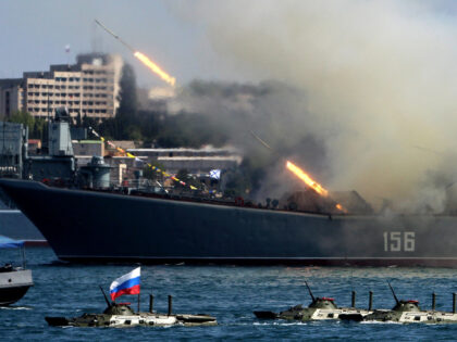 The Yamal, a Ropucha-class landing ship of the Russian Navy, fires rockets during Navy Day