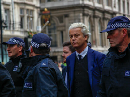 Dutch Leader of the Opposition Geert Wilders of nationalist Party for Freedom surrounded b