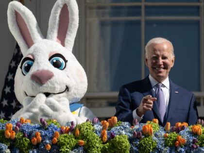President Joe Biden gestures after speaking at the annual Easter Egg Roll on the South La