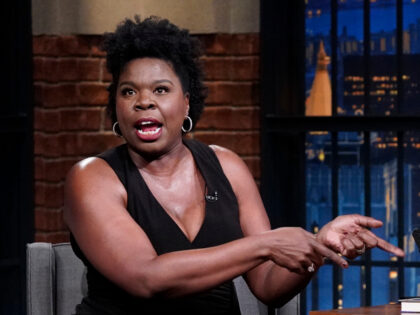 LATE NIGHT WITH SETH MEYERS -- Episode 1444 -- Pictured: (l-r) Comedian Leslie Jones durin