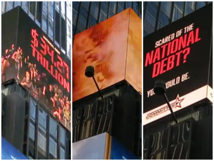 A Committee to Unleash Prosperity billboard in New York City’s Times Square warns of the