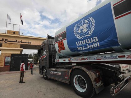 19 November 2023, Egypt, Rafah: An UNRWA fuel truck queues to enter Palestinian territorie