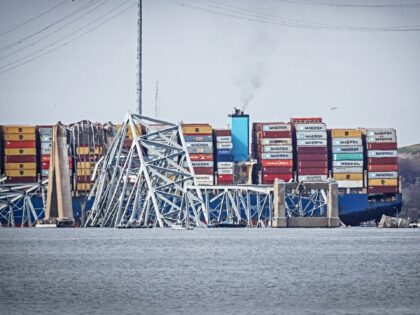 EDGEMERE, MARYLAND - MARCH 26: The collapsed Francis Scott Key Bridge is shown after being