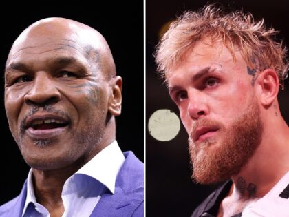 In this composite image a comparison between Former Boxer Mike Tyson (L) and Jake Paul (R)