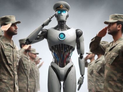 human soldiers saluting a robot