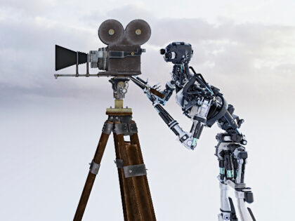 AI surveillance: robot with retro style movie camera - stock photo