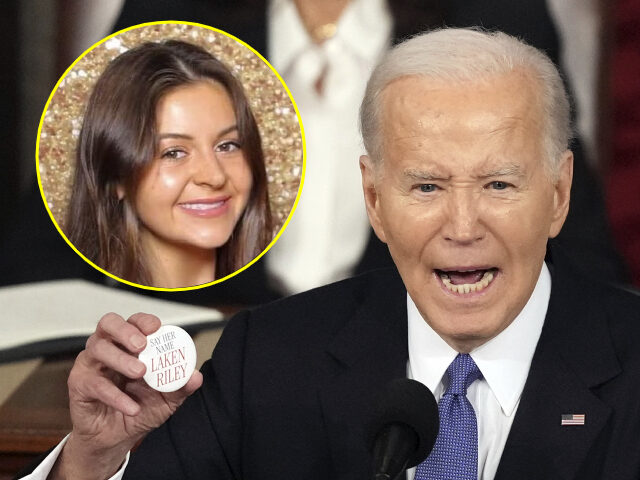 joe-biden-laken-riley-pin (INSET: Laken Riley) President Joe Biden holds up a Laken Riley Botton as he delivers the