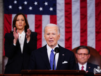 US President Joe Biden speaks during a State of the Union address at the US Capitol in Was