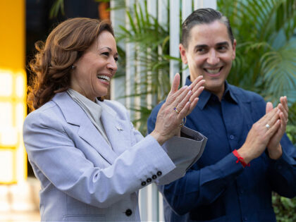 Vice President Kamala Harris, left, and Frankie Miranda, Hispanic Federation president, ap