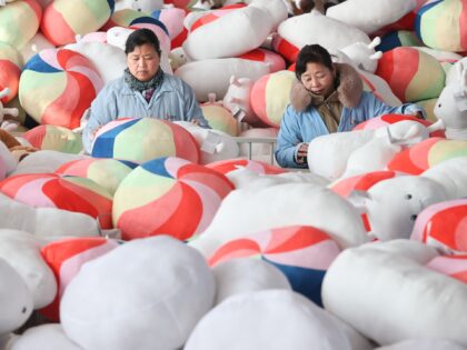 Workers are working on a production line at a toy export company in Shiqiao town, Ganyu di