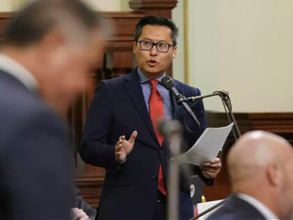 Assemblyman Vince Fong, R-Bakersfield, right, speaks on one of the state budget bills at t