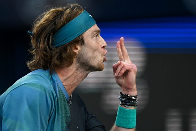 Angry: Andrey Rublev on his way to being defaulted at the Dubai ATP event on Friday