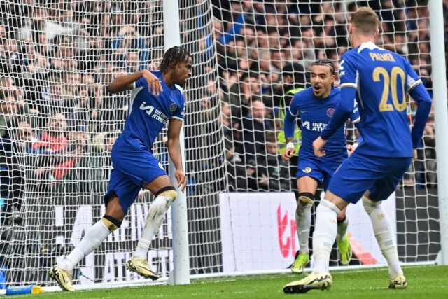 Chelsea's Carney Chukwuemeka (L) celebrates after scoring against Leicester