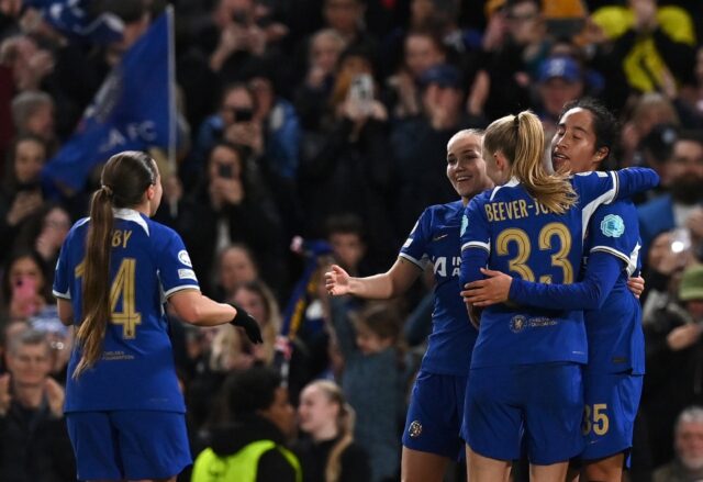 Colombian striker Mayra Ramirez (R) celebrates after scoring for Chelsea against Ajax