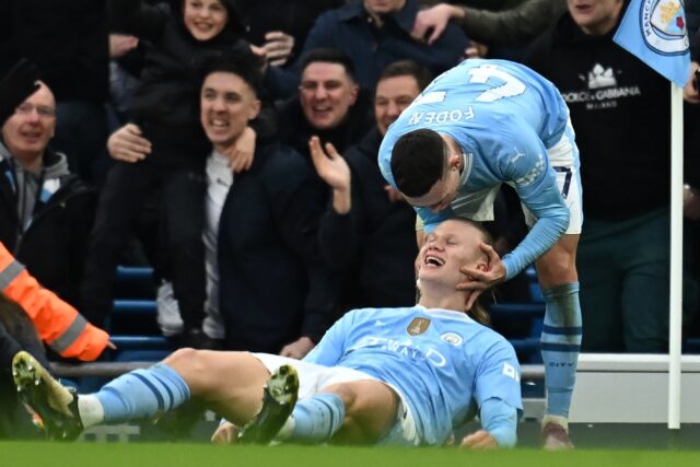 Erling Haaland (centre) and Phil Foden (right) scored in Manchester City's 3-1 win over Ma