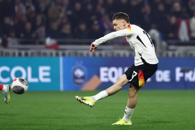 Florian Wirtz shoots to open the scoring for Germany against France with just seven second
