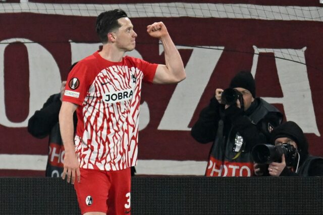 Freiburg forward Michael Gregoritsch celebrates after scoring the only goal in a 1-0 win o