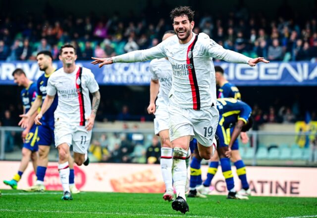 French defender Theo Hernandez celebrates after scoring AC Milan's first goal against Vero