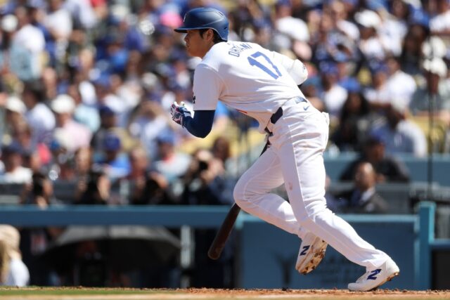 Japanese star Shohei Ohtani of the Los Angeles Dodgers singles in the fifth inning of his