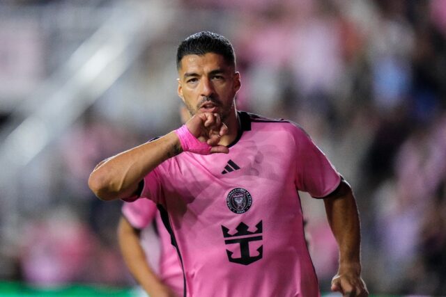 Luis Suarez celebrates heading Miami into the lead in their 1-1 draw with New York City FC