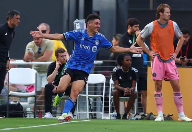 Matias Coccaro celebrates after scoring Montreal's second goal in Sunday's 3-2 win over In