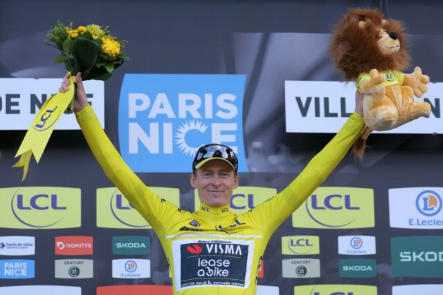 Matteo Jorgenson celebrates his first major win in the Paris-Nice