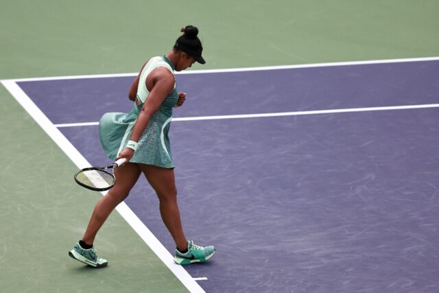 Naomi Osaka celebrates after defeating Sara Errani at the Indian Wells Masters on Thursday