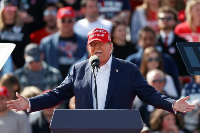 Republican presidential candidate Donald Trump speaks during a rally in Vandalia, Ohio, on