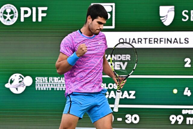 Spain's Carlos Alcaraz celebrates a point during his quarter-final victory over Alexander