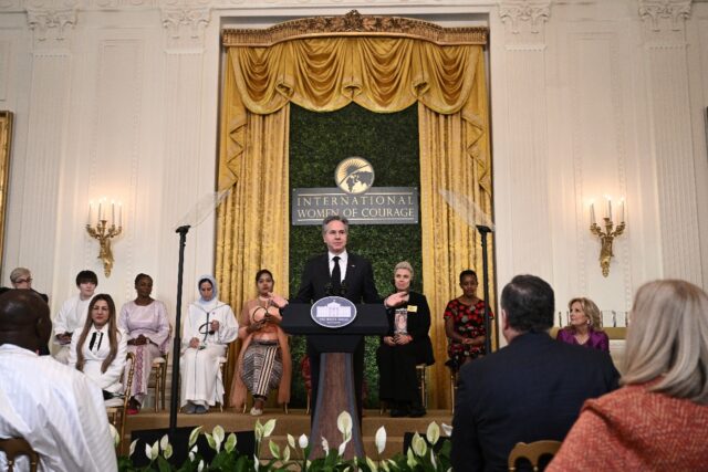 US Secretary of State Antony Blinken speaks during the International Women of Courage awar