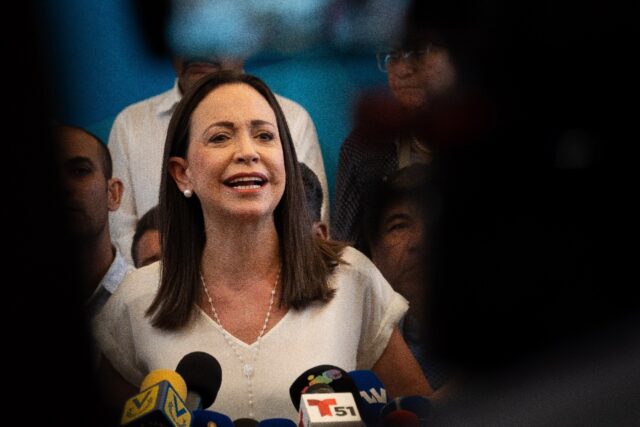 Venezuelan opposition leader Maria Corina Machado speaks during a press conference at her