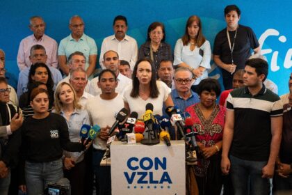 Venezuelan opposition leader Maria Corina Machado speaks during a press conference at her