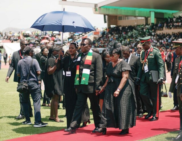 Zimbabwe President Emmerson Mnangagwa arrives at the Independence Stadium in Windhoek, Nam