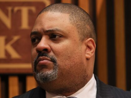 NEW YORK, NEW YORK - APRIL 18: Manhattan DA Alvin Bragg listens on during a press conferen